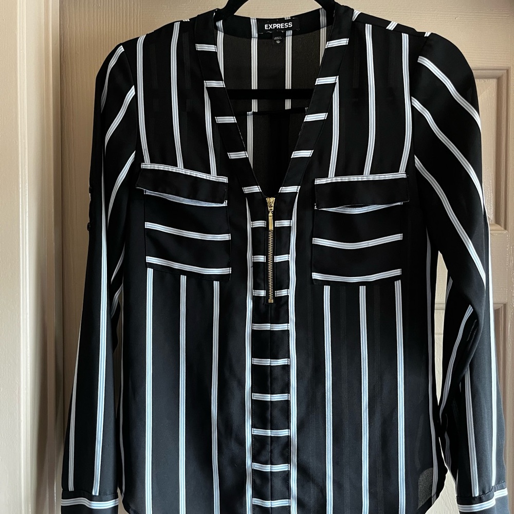 Express Women's Black and White Vertical Striped Blouse